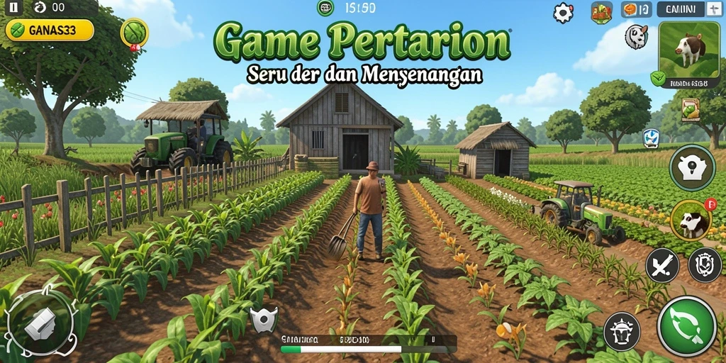 Screenshot GANAS33 menampilkan petak sawah yang subur dan hewan ternak yang sehat.