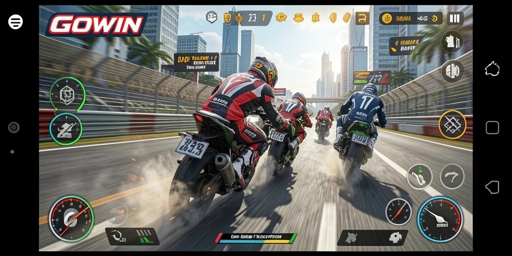Tampilan gameplay GOWIN yang mendebarkan saat balapan motor.