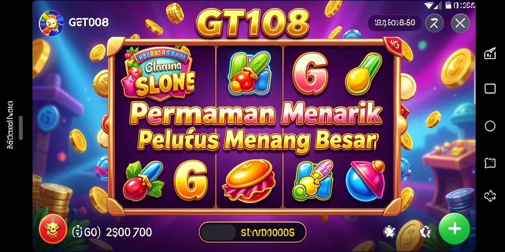 Screenshot gameplay GT108 dengan simbol dan fitur menarik.