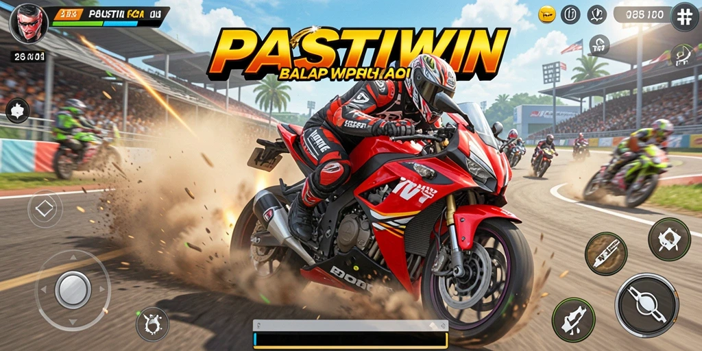 Screenshot utama PASTIWIN menampilkan aksi balap motor yang mendebarkan.