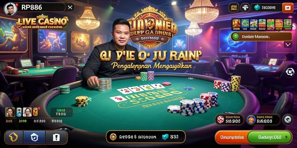 Screenshot gameplay RP886 menampilkan dealer Live Casino yang ramah dan menarik.